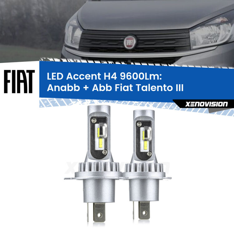 Anabbaglianti LED H4 9600Lm per Fiat Talento III 2016 - 2020 <strong>Kit LED per anabbaglianti + abbaglianti Talento</strong> III 2016 - 2020.</strong> Coppia lampade <strong>H4</strong> doppia intensità senza ventola e ultracompatte per installazioni in fari senza spazi.