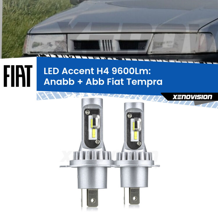 Anabbaglianti LED H4 9600Lm per Fiat Tempra  1990 - 1996 <strong>Kit LED per anabbaglianti + abbaglianti Tempra</strong>  1990 - 1996.</strong> Coppia lampade <strong>H4</strong> doppia intensità senza ventola e ultracompatte per installazioni in fari senza spazi.