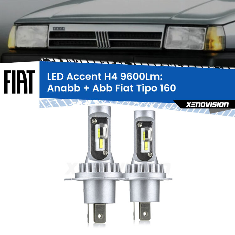 Anabbaglianti LED H4 9600Lm per Fiat Tipo 160 1987 - 1996 <strong>Kit LED per anabbaglianti + abbaglianti Tipo</strong> 160 1987 - 1996.</strong> Coppia lampade <strong>H4</strong> doppia intensità senza ventola e ultracompatte per installazioni in fari senza spazi.
