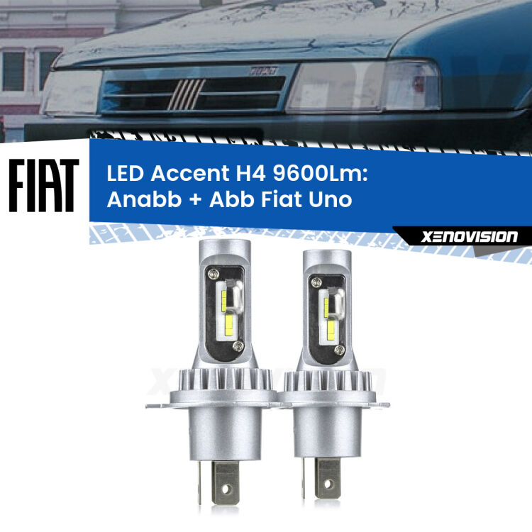 0 Anabbaglianti LED H4 9600Lm per Fiat Uno 1983 - 1995 <strong>Kit LED per anabbaglianti + abbaglianti Uno</strong> 1983 - 1995.</strong> Coppia lampade <strong>H4</strong> doppia intensità senza ventola e ultracompatte per installazioni in fari senza spazi.