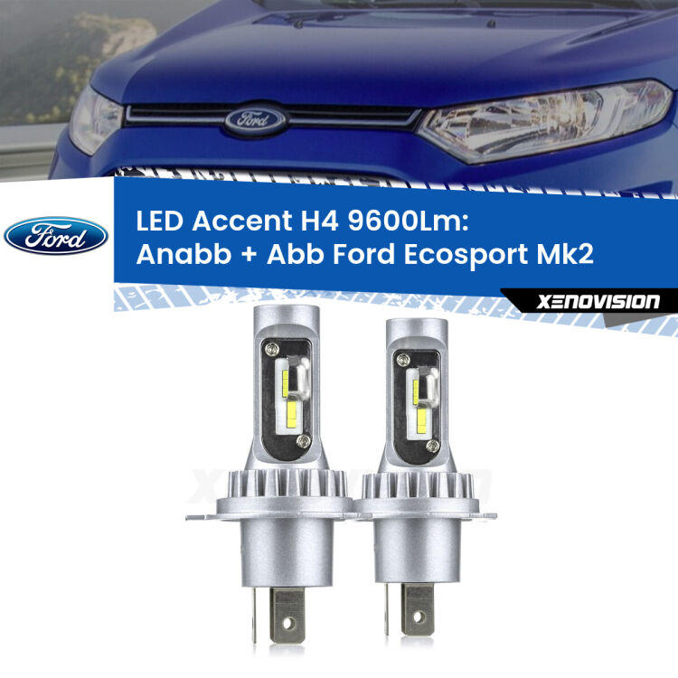 Anabbaglianti LED H4 9600Lm per Ford Ecosport II 1ª serie <strong>Kit LED per anabbaglianti + abbaglianti Ecosport</strong> II 1ª serie.</strong> Coppia lampade <strong>H4</strong> doppia intensità senza ventola e ultracompatte per installazioni in fari senza spazi.