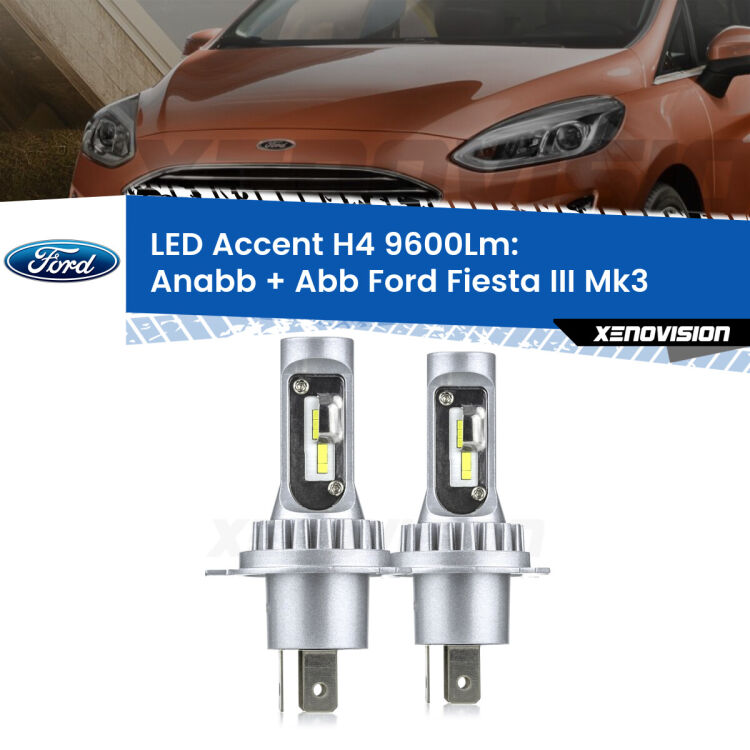 Anabbaglianti LED H4 9600Lm per Ford Fiesta Mk3 1989 - 1995 <strong>Kit LED per anabbaglianti + abbaglianti Fiesta</strong> Mk3 1989 - 1995.</strong> Coppia lampade <strong>H4</strong> doppia intensità senza ventola e ultracompatte per installazioni in fari senza spazi.