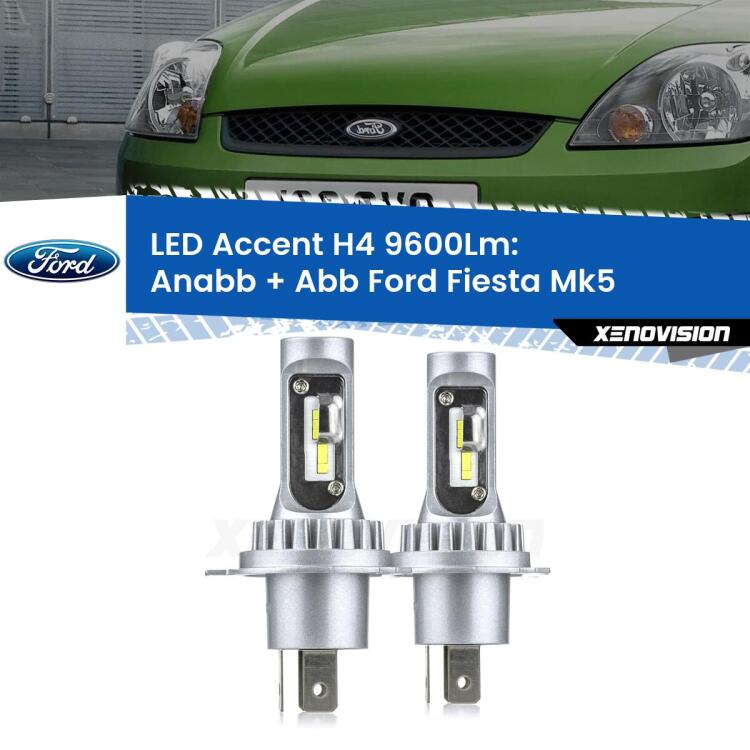 <strong>Kit LED per anabbaglianti + abbaglianti Fiesta</strong> Mk5 2002 - 2008.</strong> Coppia lampade <strong>H4</strong> doppia intensità senza ventola e ultracompatte per installazioni in fari senza spazi.