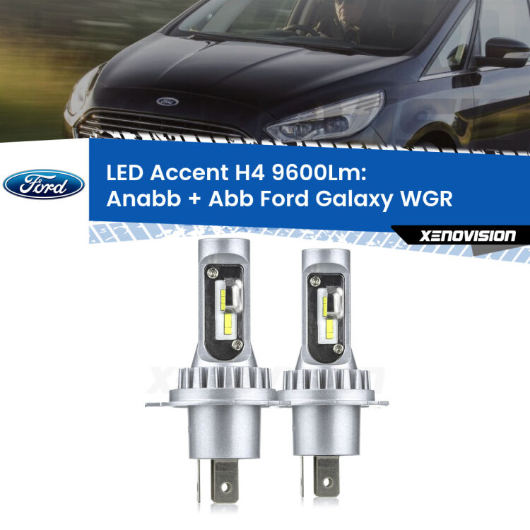 Anabbaglianti LED H4 9600Lm per Ford Galaxy WGR 1995 - 2000 <strong>Kit LED per anabbaglianti + abbaglianti Galaxy</strong> WGR 1995 - 2000.</strong> Coppia lampade <strong>H4</strong> doppia intensità senza ventola e ultracompatte per installazioni in fari senza spazi.