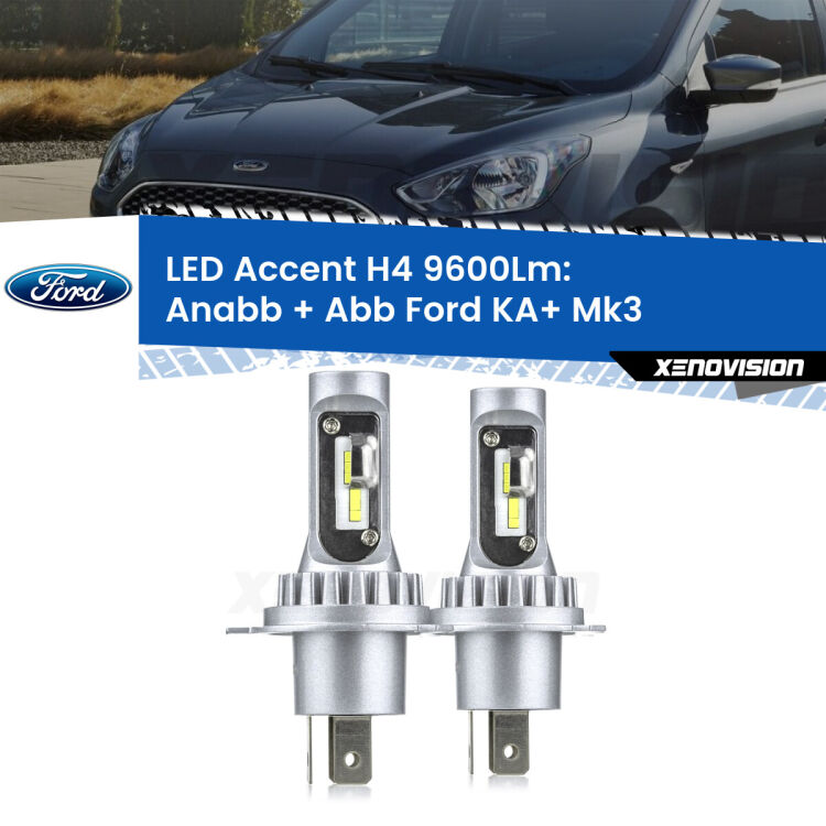 Anabbaglianti LED H4 9600Lm per Ford KA+ Mk3 2014 - 2018 <strong>Kit LED per anabbaglianti + abbaglianti KA+</strong> Mk3 2014 - 2018.</strong> Coppia lampade <strong>H4</strong> doppia intensità senza ventola e ultracompatte per installazioni in fari senza spazi.