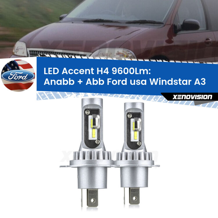 Anabbaglianti LED H4 9600Lm per Ford usa Windstar A3 1995 - 2000 <strong>Kit LED per anabbaglianti + abbaglianti Windstar</strong> A3 1995 - 2000.</strong> Coppia lampade <strong>H4</strong> doppia intensità senza ventola e ultracompatte per installazioni in fari senza spazi.