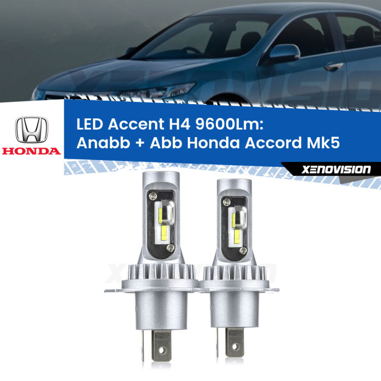 Anabbaglianti LED H4 9600Lm per Honda Accord Mk5 1993 - 1996 <strong>Kit LED per anabbaglianti + abbaglianti Accord</strong> Mk5 1993 - 1996.</strong> Coppia lampade <strong>H4</strong> doppia intensità senza ventola e ultracompatte per installazioni in fari senza spazi.