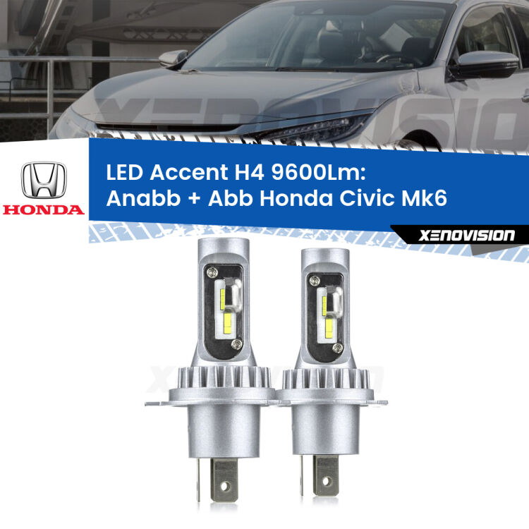 Anabbaglianti LED H4 9600Lm per Honda Civic Mk6 1995 - 1999 <strong>Kit LED per anabbaglianti + abbaglianti Civic</strong> Mk6 1995 - 1999.</strong> Coppia lampade <strong>H4</strong> doppia intensità senza ventola e ultracompatte per installazioni in fari senza spazi.