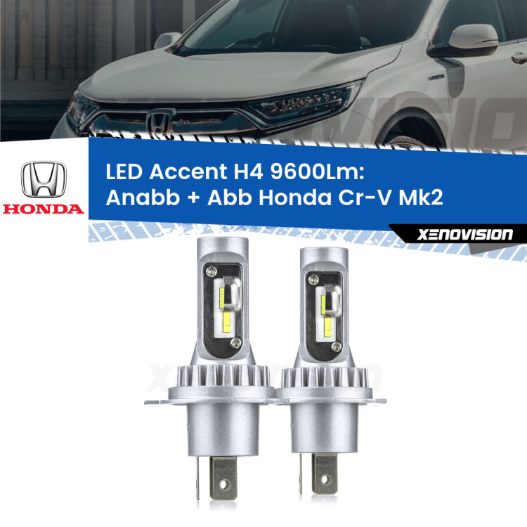 0 Anabbaglianti LED H4 9600Lm per Honda Cr-V Mk2 a parabola singola <strong>Kit LED per anabbaglianti + abbaglianti Cr-V</strong> Mk2 a parabola singola.</strong> Coppia lampade <strong>H4</strong> doppia intensità senza ventola e ultracompatte per installazioni in fari senza spazi.