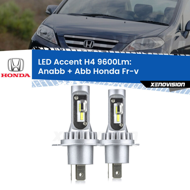 Anabbaglianti LED H4 9600Lm per Honda Fr-v 2004 - 2009 <strong>Kit LED per anabbaglianti + abbaglianti Fr-v</strong> 2004 - 2009.</strong> Coppia lampade <strong>H4</strong> doppia intensità senza ventola e ultracompatte per installazioni in fari senza spazi.
