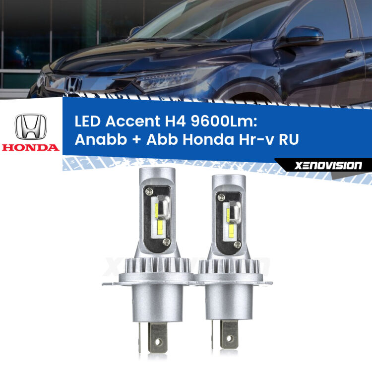 Anabbaglianti LED H4 9600Lm per Honda Hr-v RU a parabola singola <strong>Kit LED per anabbaglianti + abbaglianti Hr-v</strong> RU a parabola singola.</strong> Coppia lampade <strong>H4</strong> doppia intensità senza ventola e ultracompatte per installazioni in fari senza spazi.