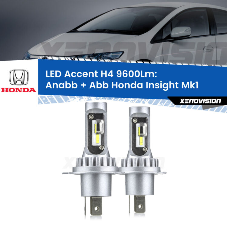 Anabbaglianti LED H4 9600Lm per Honda Insight Mk1 2000 - 2006 <strong>Kit LED per anabbaglianti + abbaglianti Insight</strong> Mk1 2000 - 2006.</strong> Coppia lampade <strong>H4</strong> doppia intensità senza ventola e ultracompatte per installazioni in fari senza spazi.