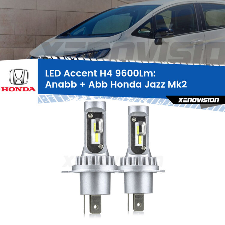 Anabbaglianti LED H4 9600Lm per Honda Jazz Mk2 2002 - 2008 <strong>Kit LED per anabbaglianti + abbaglianti Jazz</strong> Mk2 2002 - 2008.</strong> Coppia lampade <strong>H4</strong> doppia intensità senza ventola e ultracompatte per installazioni in fari senza spazi.