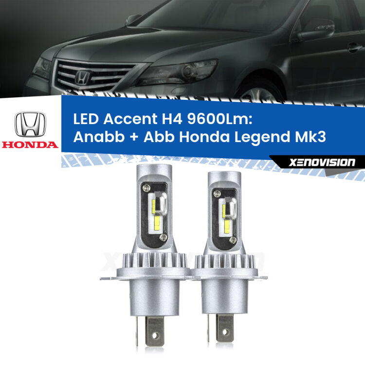 Anabbaglianti LED H4 9600Lm per Honda Legend Mk3 1996 - 2004 <strong>Kit LED per anabbaglianti + abbaglianti Legend</strong> Mk3 1996 - 2004.</strong> Coppia lampade <strong>H4</strong> doppia intensità senza ventola e ultracompatte per installazioni in fari senza spazi.