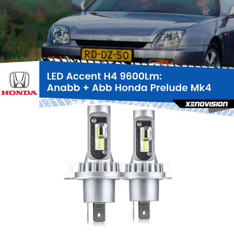 Anabbaglianti LED H4 9600Lm per Honda Prelude Mk4 1992 - 1996 <strong>Kit LED per anabbaglianti + abbaglianti Prelude</strong> Mk4 1992 - 1996.</strong> Coppia lampade <strong>H4</strong> doppia intensità senza ventola e ultracompatte per installazioni in fari senza spazi.