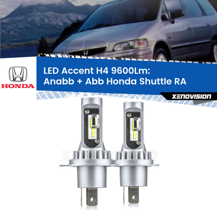 Anabbaglianti LED H4 9600Lm per Honda Shuttle RA 1994 - 2004 <strong>Kit LED per anabbaglianti + abbaglianti Shuttle</strong> RA 1994 - 2004.</strong> Coppia lampade <strong>H4</strong> doppia intensità senza ventola e ultracompatte per installazioni in fari senza spazi.