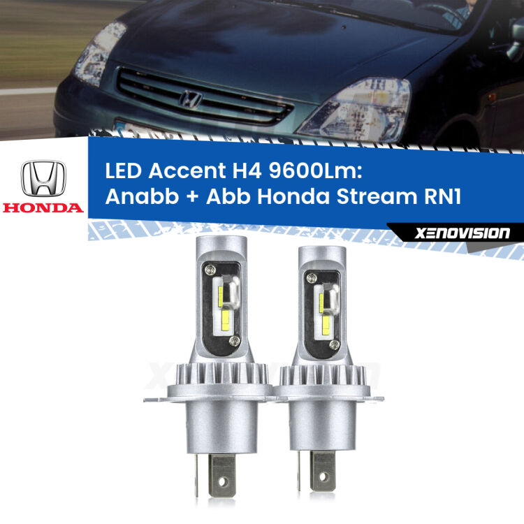 Anabbaglianti LED H4 9600Lm per Honda Stream RN1 2001 - 2006 <strong>Kit LED per anabbaglianti + abbaglianti Stream</strong> RN1 2001 - 2006.</strong> Coppia lampade <strong>H4</strong> doppia intensità senza ventola e ultracompatte per installazioni in fari senza spazi.