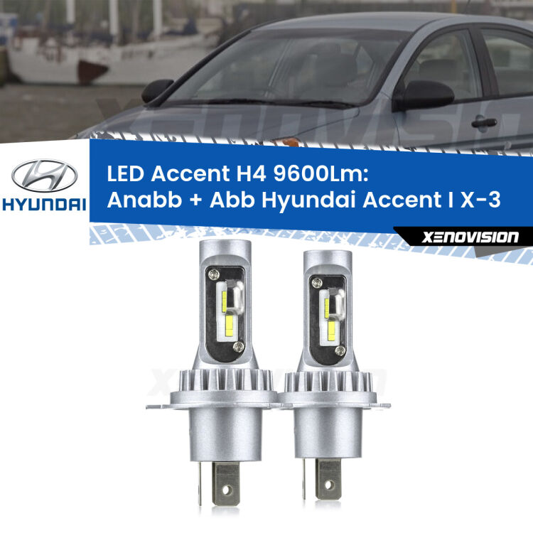 Anabbaglianti LED H4 9600Lm per Hyundai Accent I X-3 1994 - 2000 <strong>Kit LED per anabbaglianti + abbaglianti Accent I</strong> X-3 1994 - 2000.</strong> Coppia lampade <strong>H4</strong> doppia intensità senza ventola e ultracompatte per installazioni in fari senza spazi.