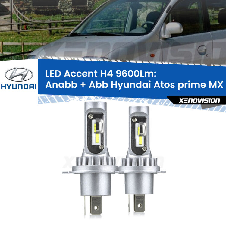Anabbaglianti LED H4 9600Lm per Hyundai Atos prime MX 1997 - 2008 <strong>Kit LED per anabbaglianti + abbaglianti Atos prime</strong> MX 1997 - 2008.</strong> Coppia lampade <strong>H4</strong> doppia intensità senza ventola e ultracompatte per installazioni in fari senza spazi.