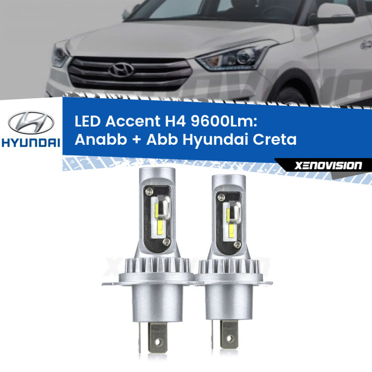 Anabbaglianti LED H4 9600Lm per Hyundai Creta  a parabola <strong>Kit LED per anabbaglianti + abbaglianti Creta</strong>  a parabola.</strong> Coppia lampade <strong>H4</strong> doppia intensità senza ventola e ultracompatte per installazioni in fari senza spazi.