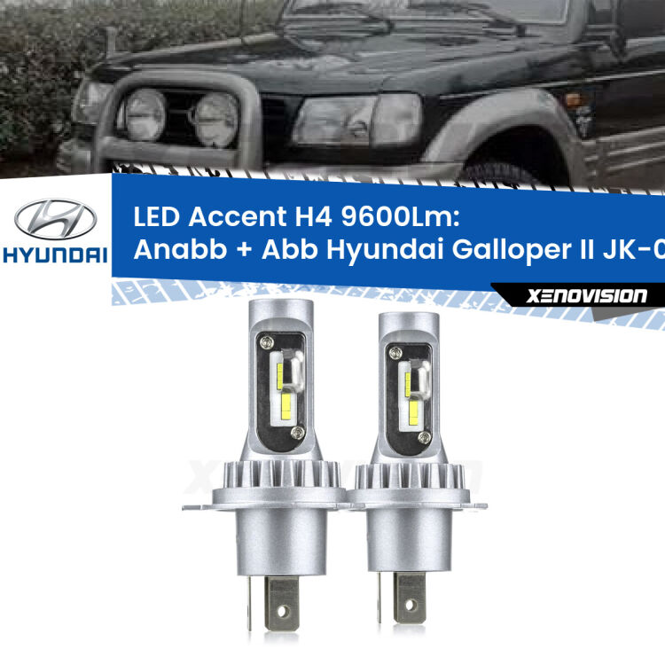 Anabbaglianti LED H4 9600Lm per Hyundai Galloper II JK-01 1998 - 2003 <strong>Kit LED per anabbaglianti + abbaglianti Galloper II</strong> JK-01 1998 - 2003.</strong> Coppia lampade <strong>H4</strong> doppia intensità senza ventola e ultracompatte per installazioni in fari senza spazi.