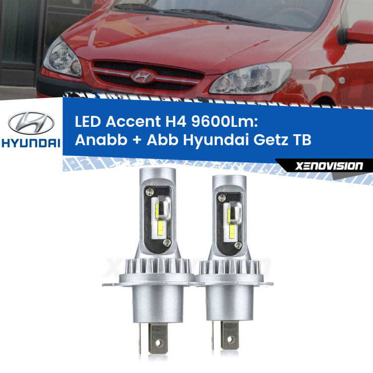 Anabbaglianti LED H4 9600Lm per Hyundai Getz TB 2002 - 2009 <strong>Kit LED per anabbaglianti + abbaglianti Getz</strong> TB 2002 - 2009.</strong> Coppia lampade <strong>H4</strong> doppia intensità senza ventola e ultracompatte per installazioni in fari senza spazi.