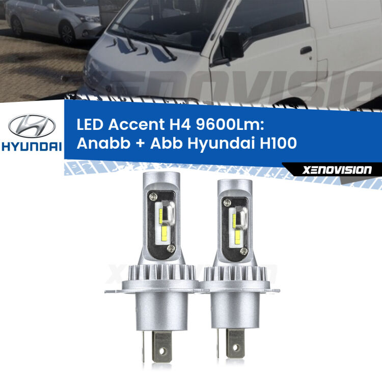 Anabbaglianti LED H4 9600Lm per Hyundai H100  1994 - 2000 <strong>Kit LED per anabbaglianti + abbaglianti H100</strong>  1994 - 2000.</strong> Coppia lampade <strong>H4</strong> doppia intensità senza ventola e ultracompatte per installazioni in fari senza spazi.