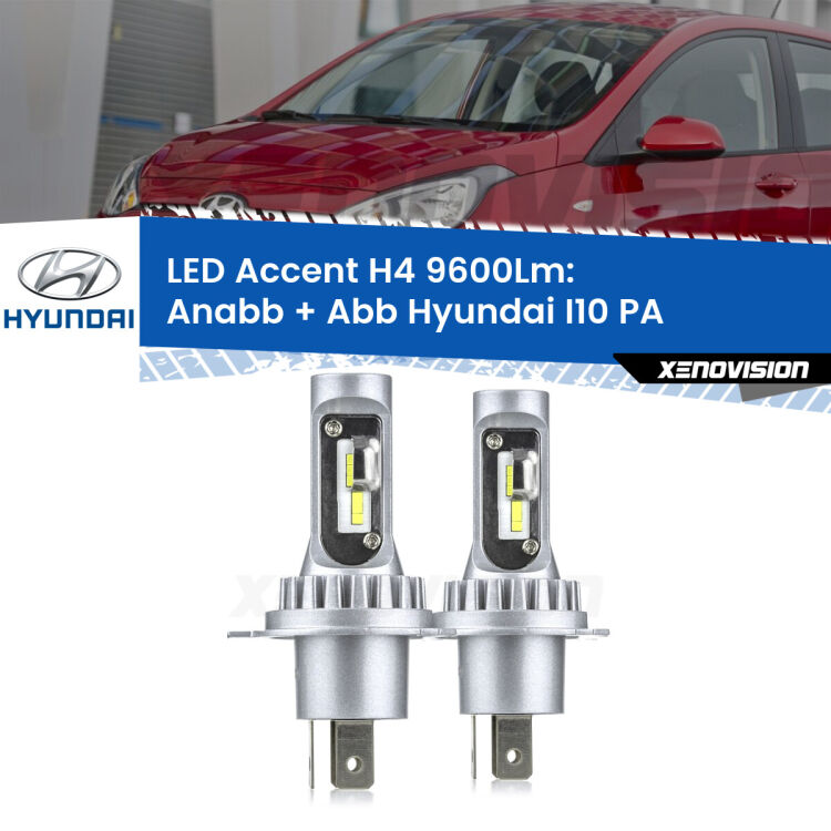 Anabbaglianti LED H4 9600Lm per Hyundai I10 PA 2007 - 2017 <strong>Kit LED per anabbaglianti + abbaglianti I10</strong> PA 2007 - 2017.</strong> Coppia lampade <strong>H4</strong> doppia intensità senza ventola e ultracompatte per installazioni in fari senza spazi.