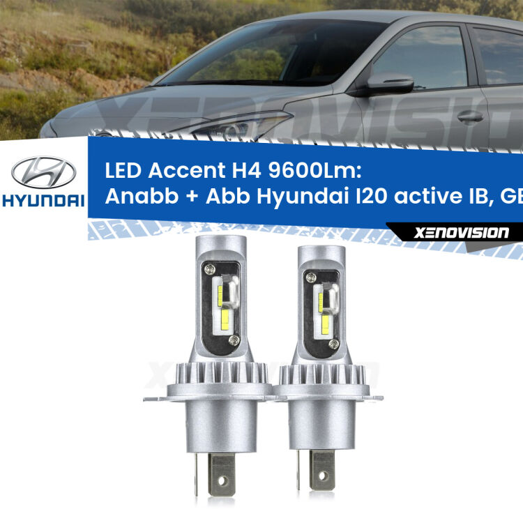 Anabbaglianti LED H4 9600Lm per Hyundai I20 active IB, GB a parabola singola <strong>Kit LED per anabbaglianti + abbaglianti I20 active</strong> IB, GB a parabola singola.</strong> Coppia lampade <strong>H4</strong> doppia intensità senza ventola e ultracompatte per installazioni in fari senza spazi.