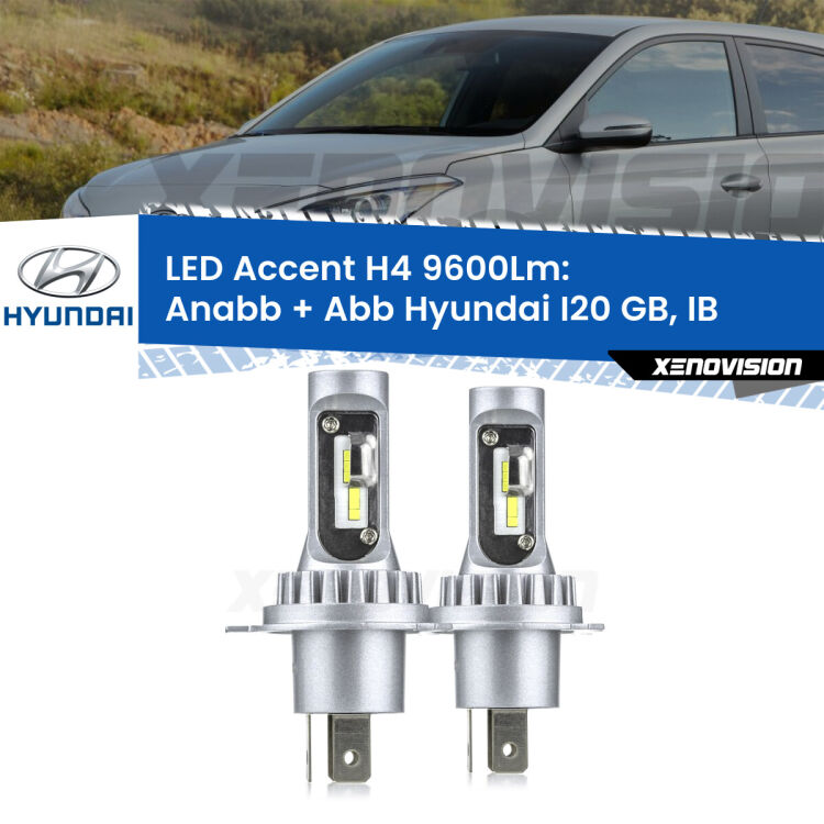Anabbaglianti LED H4 9600Lm per Hyundai I20 GB, IB a parabola <strong>Kit LED per anabbaglianti + abbaglianti I20</strong> GB, IB a parabola.</strong> Coppia lampade <strong>H4</strong> doppia intensità senza ventola e ultracompatte per installazioni in fari senza spazi.