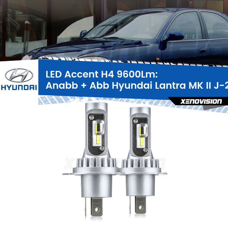 Anabbaglianti LED H4 9600Lm per Hyundai Lantra MK II J-2 1995 - 2000 <strong>Kit LED per anabbaglianti + abbaglianti Lantra MK II</strong> J-2 1995 - 2000.</strong> Coppia lampade <strong>H4</strong> doppia intensità senza ventola e ultracompatte per installazioni in fari senza spazi.