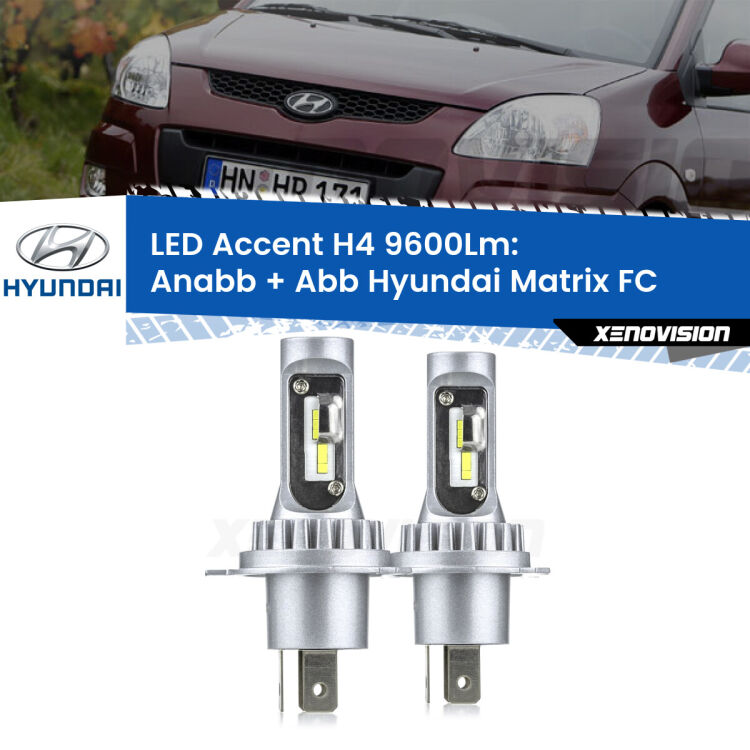 Anabbaglianti LED H4 9600Lm per Hyundai Matrix FC 2001 - 2010 <strong>Kit LED per anabbaglianti + abbaglianti Matrix</strong> FC 2001 - 2010.</strong> Coppia lampade <strong>H4</strong> doppia intensità senza ventola e ultracompatte per installazioni in fari senza spazi.