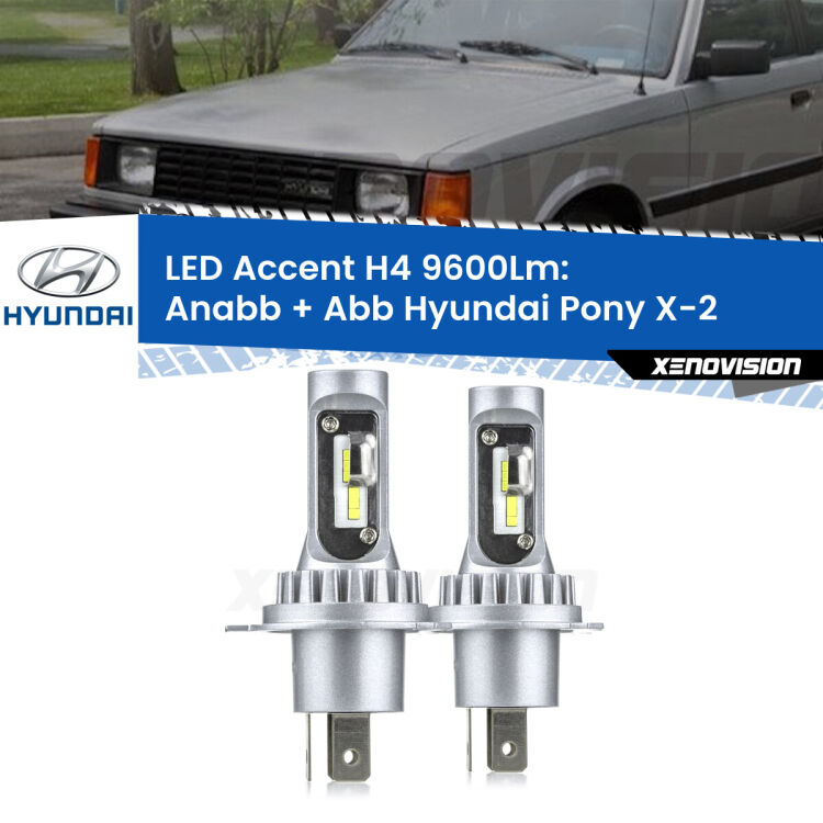 Anabbaglianti LED H4 9600Lm per Hyundai Pony X-2 1989 - 1995 <strong>Kit LED per anabbaglianti + abbaglianti Pony</strong> X-2 1989 - 1995.</strong> Coppia lampade <strong>H4</strong> doppia intensità senza ventola e ultracompatte per installazioni in fari senza spazi.