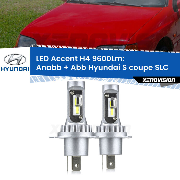 Anabbaglianti LED H4 9600Lm per Hyundai S coupe SLC 1990 - 1996 <strong>Kit LED per anabbaglianti + abbaglianti S coupe</strong> SLC 1990 - 1996.</strong> Coppia lampade <strong>H4</strong> doppia intensità senza ventola e ultracompatte per installazioni in fari senza spazi.