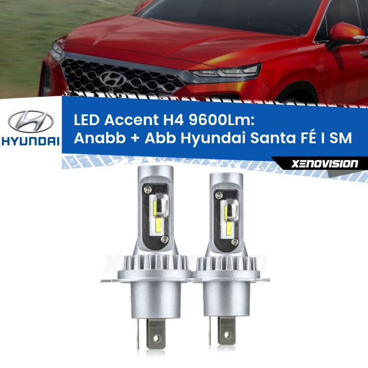 Anabbaglianti LED H4 9600Lm per Hyundai Santa FÉ I SM 2001 - 205 <strong>Kit LED per anabbaglianti + abbaglianti Santa FÉ I</strong> SM 2001 - 205.</strong> Coppia lampade <strong>H4</strong> doppia intensità senza ventola e ultracompatte per installazioni in fari senza spazi.