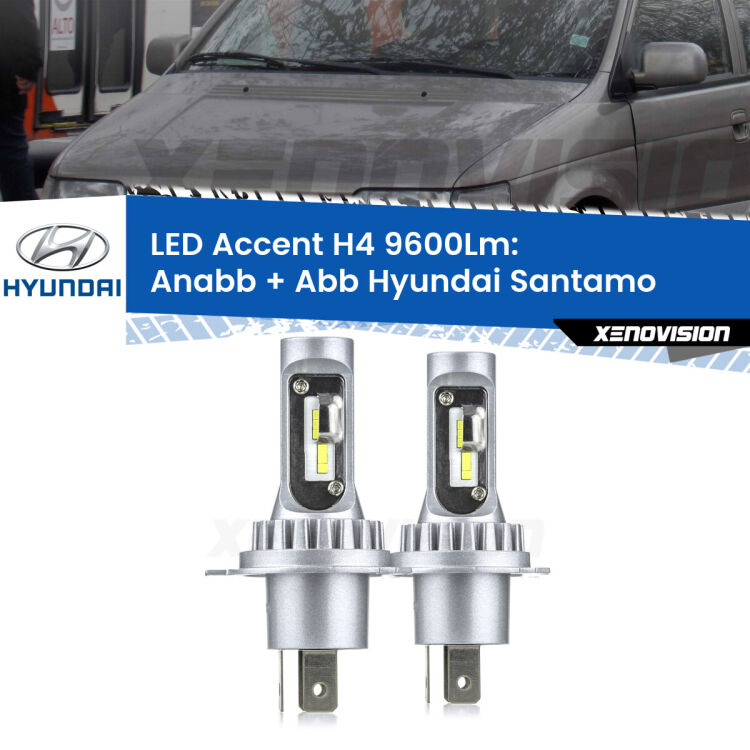 Anabbaglianti LED H4 9600Lm per Hyundai Santamo  1998 - 2002 <strong>Kit LED per anabbaglianti + abbaglianti Santamo</strong>  1998 - 2002.</strong> Coppia lampade <strong>H4</strong> doppia intensità senza ventola e ultracompatte per installazioni in fari senza spazi.