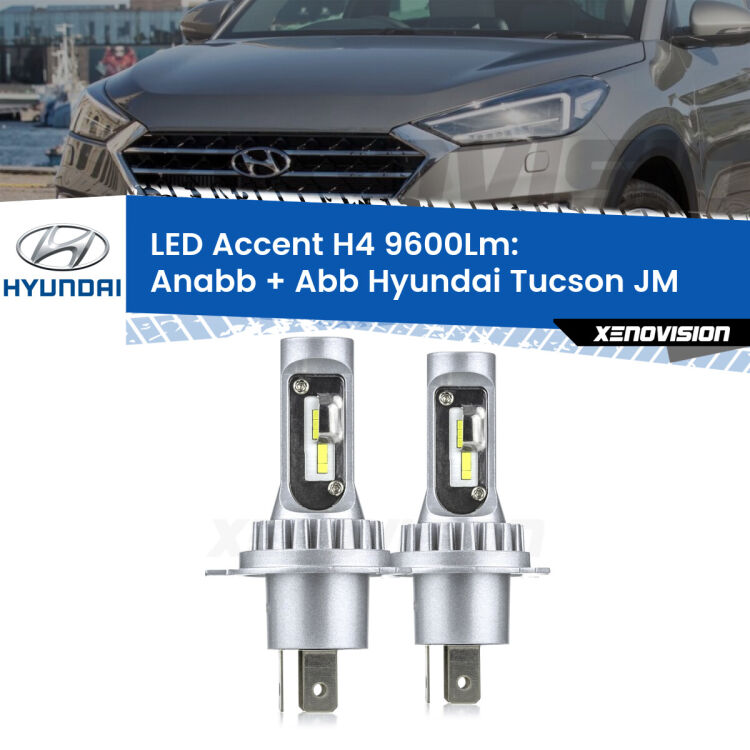 Anabbaglianti LED H4 9600Lm per Hyundai Tucson JM prima serie <strong>Kit LED per anabbaglianti + abbaglianti Tucson</strong> JM prima serie.</strong> Coppia lampade <strong>H4</strong> doppia intensità senza ventola e ultracompatte per installazioni in fari senza spazi.