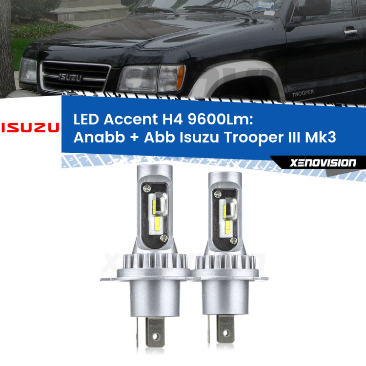 Anabbaglianti LED H4 9600Lm per Isuzu Trooper III Mk3 2000 - 2006 <strong>Kit LED per anabbaglianti + abbaglianti Trooper III</strong> Mk3 2000 - 2006.</strong> Coppia lampade <strong>H4</strong> doppia intensità senza ventola e ultracompatte per installazioni in fari senza spazi.