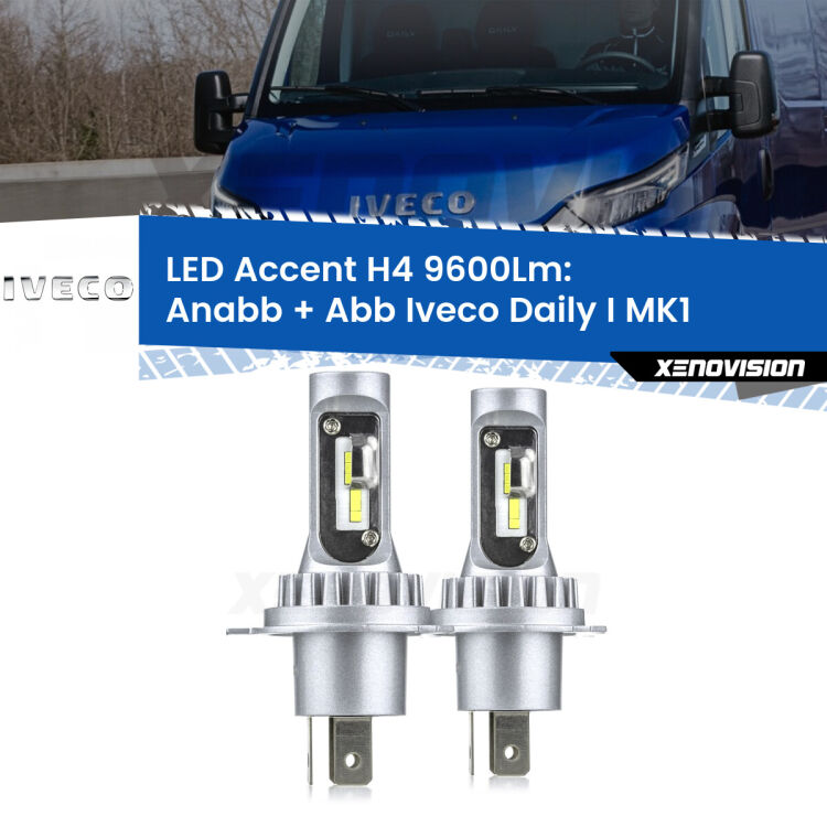 Anabbaglianti LED H4 9600Lm per Iveco Daily I MK1 1978 - 1999 <strong>Kit LED per anabbaglianti + abbaglianti Daily I</strong> MK1 1978 - 1999.</strong> Coppia lampade <strong>H4</strong> doppia intensità senza ventola e ultracompatte per installazioni in fari senza spazi.