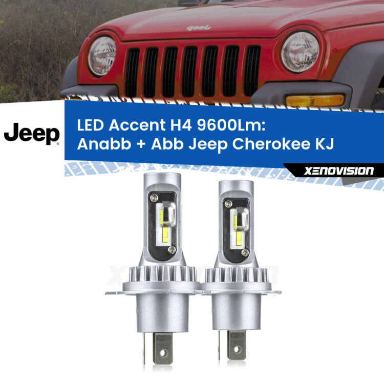 0 Anabbaglianti LED H4 9600Lm per Jeep Cherokee KJ 2002 - 2007 <strong>Kit LED per anabbaglianti + abbaglianti Cherokee</strong> KJ 2002 - 2007.</strong> Coppia lampade <strong>H4</strong> doppia intensità senza ventola e ultracompatte per installazioni in fari senza spazi.