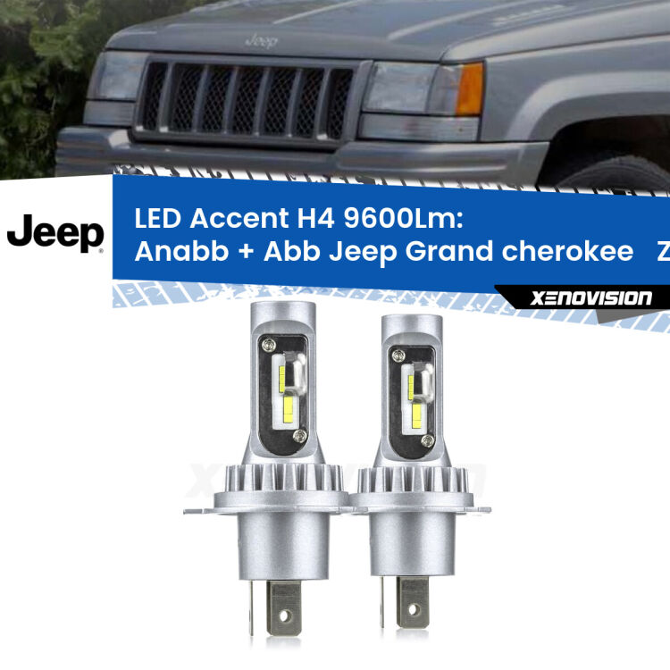 Anabbaglianti LED H4 9600Lm per Jeep Grand cherokee   ZJ 1993 - 1998 <strong>Kit LED per anabbaglianti + abbaglianti Grand cherokee  </strong> ZJ 1993 - 1998.</strong> Coppia lampade <strong>H4</strong> doppia intensità senza ventola e ultracompatte per installazioni in fari senza spazi.
