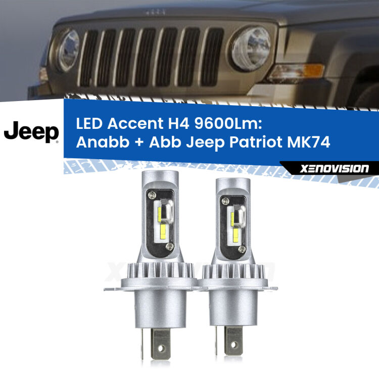 Anabbaglianti LED H4 9600Lm per Jeep Patriot MK74 2007 - 2017 <strong>Kit LED per anabbaglianti + abbaglianti Patriot</strong> MK74 2007 - 2017.</strong> Coppia lampade <strong>H4</strong> doppia intensità senza ventola e ultracompatte per installazioni in fari senza spazi.