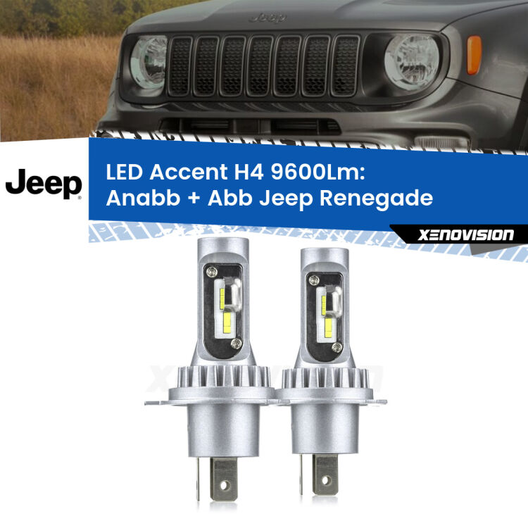 0 Anabbaglianti LED H4 9600Lm per Jeep Renegade  2014 in poi <strong>Kit LED per anabbaglianti + abbaglianti Renegade</strong>  2014 in poi.</strong> Coppia lampade <strong>H4</strong> doppia intensità senza ventola e ultracompatte per installazioni in fari senza spazi.