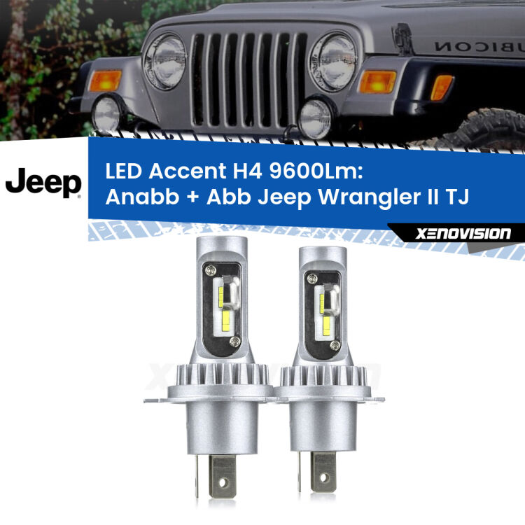 Anabbaglianti LED H4 9600Lm per Jeep Wrangler II TJ 1996 - 2005 <strong>Kit LED per anabbaglianti + abbaglianti Wrangler II</strong> TJ 1996 - 2005.</strong> Coppia lampade <strong>H4</strong> doppia intensità senza ventola e ultracompatte per installazioni in fari senza spazi.