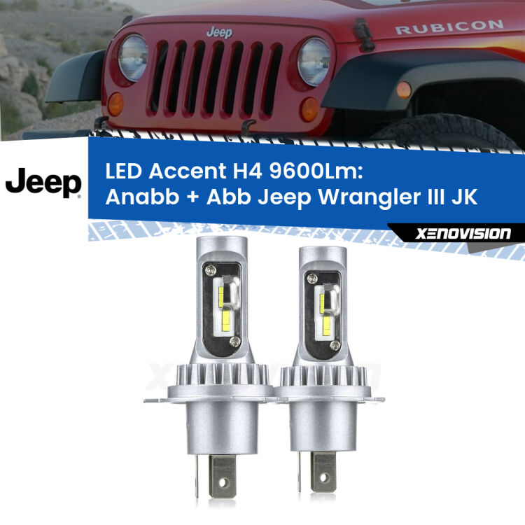 Anabbaglianti LED H4 9600Lm per Jeep Wrangler III JK 2006 - 2016 <strong>Kit LED per anabbaglianti + abbaglianti Wrangler III</strong> JK 2006 - 2016.</strong> Coppia lampade <strong>H4</strong> doppia intensità senza ventola e ultracompatte per installazioni in fari senza spazi.