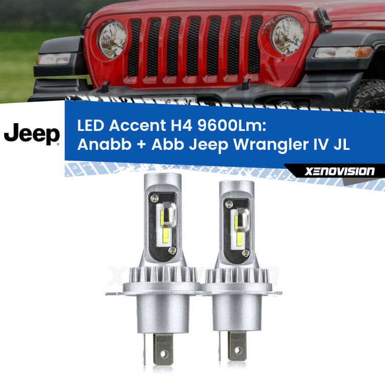 Anabbaglianti LED H4 9600Lm per Jeep Wrangler IV JL 2017 in poi <strong>Kit LED per anabbaglianti + abbaglianti Wrangler IV</strong> JL 2017 in poi.</strong> Coppia lampade <strong>H4</strong> doppia intensità senza ventola e ultracompatte per installazioni in fari senza spazi.