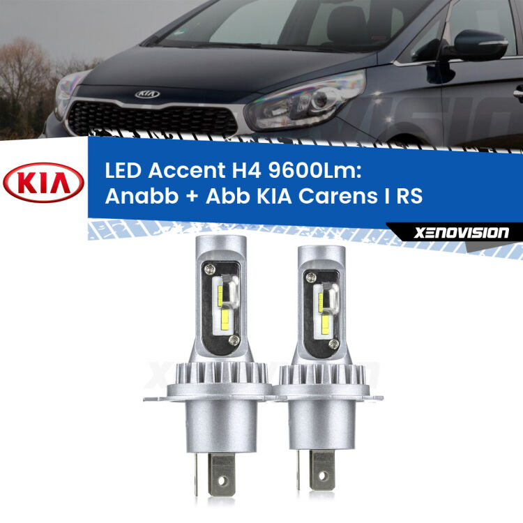 Anabbaglianti LED H4 9600Lm per KIA Carens I RS 1999 - 2005 <strong>Kit LED per anabbaglianti + abbaglianti Carens I</strong> RS 1999 - 2005.</strong> Coppia lampade <strong>H4</strong> doppia intensità senza ventola e ultracompatte per installazioni in fari senza spazi.