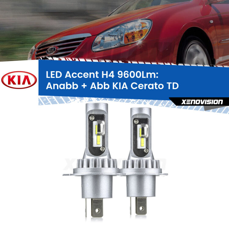 Anabbaglianti LED H4 9600Lm per KIA Cerato TD 2008 - 2011 <strong>Kit LED per anabbaglianti + abbaglianti Cerato</strong> TD 2008 - 2011.</strong> Coppia lampade <strong>H4</strong> doppia intensità senza ventola e ultracompatte per installazioni in fari senza spazi.