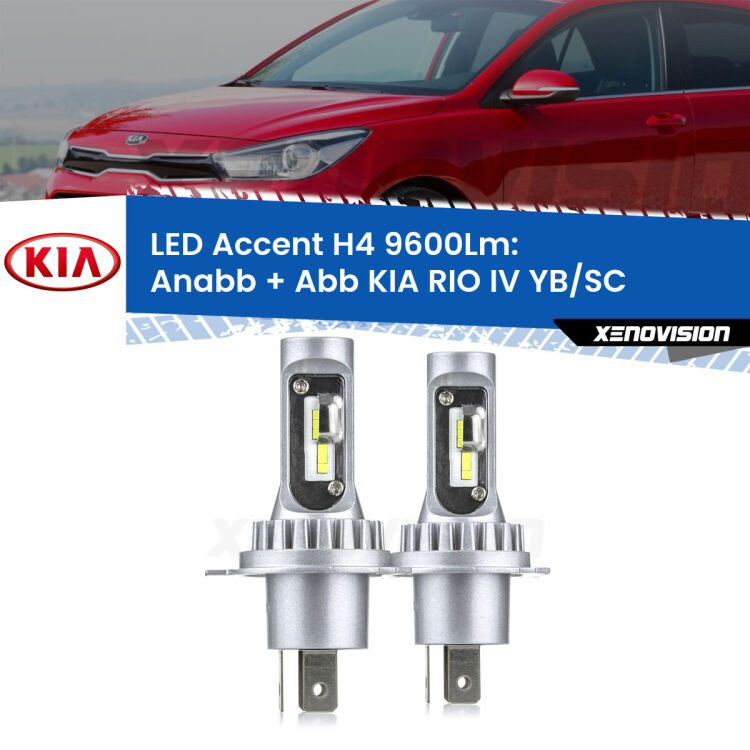 Anabbaglianti LED H4 9600Lm per KIA RIO IV YB/SC fari a parabola <strong>Kit LED per anabbaglianti + abbaglianti RIO IV</strong> YB/SC fari a parabola.</strong> Coppia lampade <strong>H4</strong> doppia intensità senza ventola e ultracompatte per installazioni in fari senza spazi.