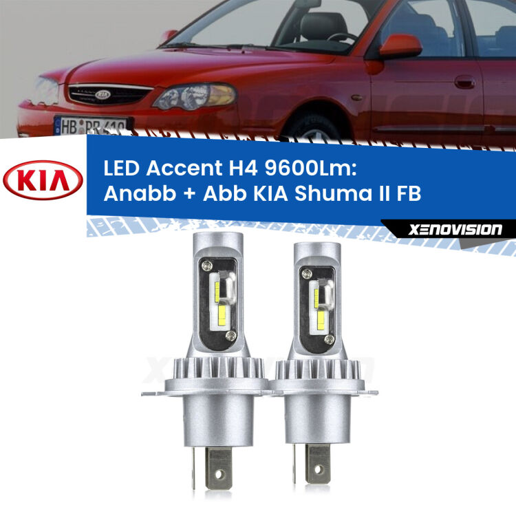 Anabbaglianti LED H4 9600Lm per KIA Shuma II FB 2001 - 2004 <strong>Kit LED per anabbaglianti + abbaglianti Shuma II</strong> FB 2001 - 2004.</strong> Coppia lampade <strong>H4</strong> doppia intensità senza ventola e ultracompatte per installazioni in fari senza spazi.
